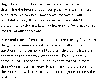 Text Box: Regardless of your business you face issues that will determine the future of your company.  Are we the most productive we can be?  How do we improve on our profitability using the resources we have available? How do we tap into foreign markets?  What are the Socio-Economic Impacts of our operations?More and more often companies that are moving forward in the global economy are asking these and other tough questions.  Unfortunately all too often they dont have the answers or the time to answer them.  This is where we come in.  XCO Services Inc. has experts that have more than 40 years business experience in asking and answering these questions.  Let us help you to make your business the best it can be.