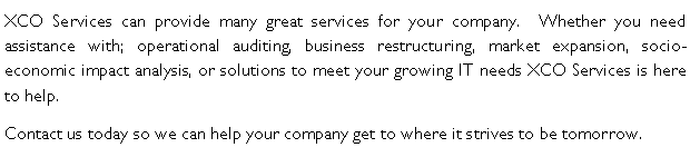 Text Box: XCO Services can provide many great services for your company.  Whether you need assistance with; operational auditing, business restructuring, market expansion, socio-economic impact analysis, or solutions to meet your growing IT needs XCO Services is here to help.Contact us today so we can help your company get to where it strives to be tomorrow.
